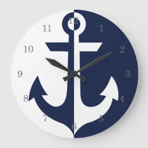 Grande Horloge Ronde Ancre blanche et bleue marine {choisissez votre co