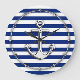 Grande Horloge Ronde Ancre de chrome sur des rayures de marine