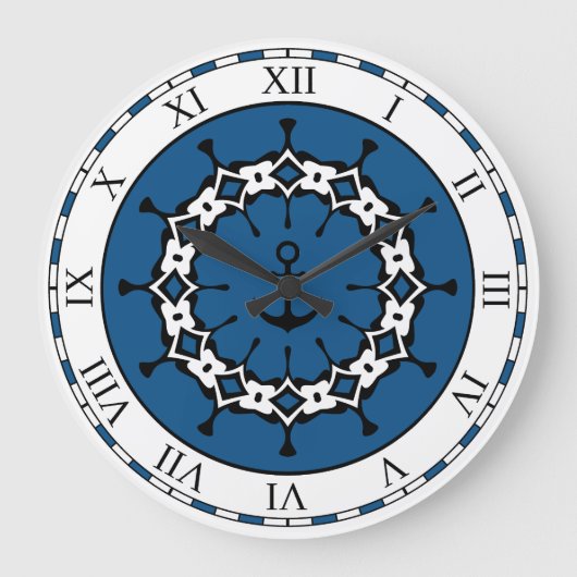 Grande Horloge Ronde Ancre marine Abstraite bleue et blanche (Recto)