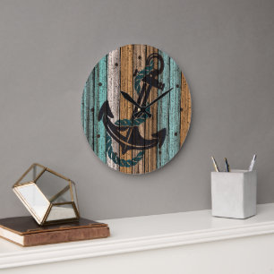 Grande Horloge Ronde Ancre Sur Antique Patiné Plaques en bois Motif