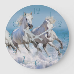 Grande Horloge Ronde Andalusian white horses run in the waves