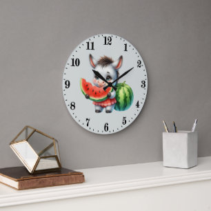 Grande Horloge Ronde Âne amateur de pastèque mignon