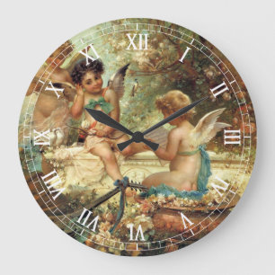 Grande Horloge Ronde Angels de musicien par Hans Zatzka, Art Victorien