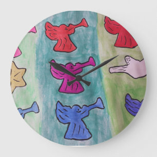 Grande Horloge Ronde Anges de Noël avec trompettes