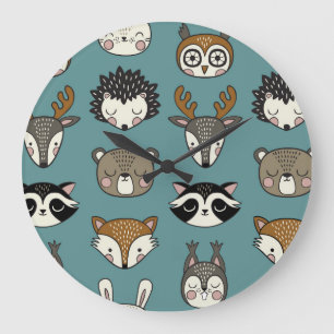 Grande Horloge Ronde Animaux de bois mignons Motif Vintage