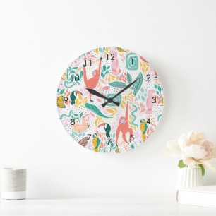 Grande Horloge Ronde Animaux de jungle colorés feuilles tropicales
