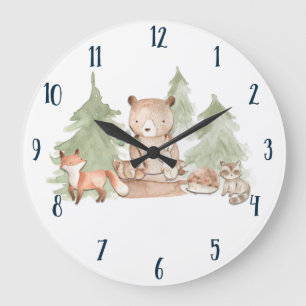 Grande Horloge Ronde Animaux de la forêt de bois aquarelle Chambre de b
