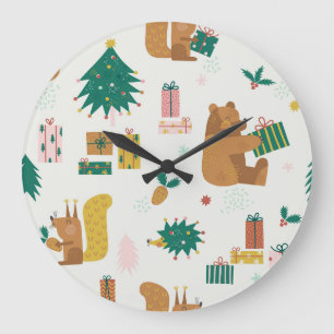 Grande Horloge Ronde Animaux de la forêt de Noël : Vibe Vintage