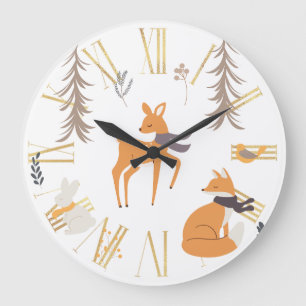 Grande Horloge Ronde Animaux de la forêt hivernale Art folklorique Noël