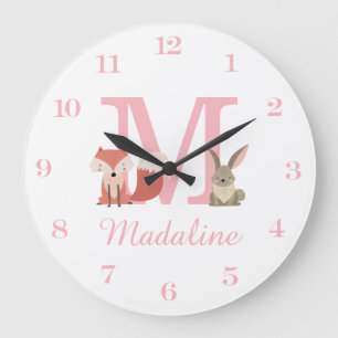 Grande Horloge Ronde Animaux de la Forêt Rose Bébé Fille Monogramme Ini