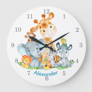 Grande Horloge Ronde Animaux de la jungle de safari mignons aquarelle b