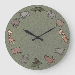 Grande Horloge Ronde Animaux de la savane (éléphant, girafe, croco & rh
