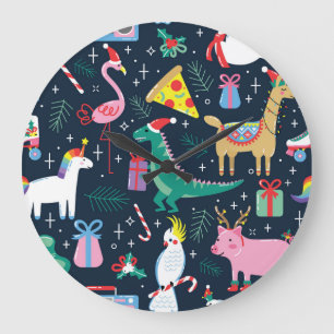Grande Horloge Ronde Animaux De Noël, Design Sans Fil.