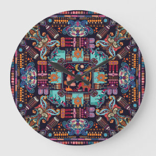Grande Horloge Ronde Animaux décoratifs : design ethnique coloré.
