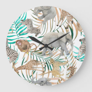 Grande Horloge Ronde Animaux exotiques : Motif d'été aquarelle.