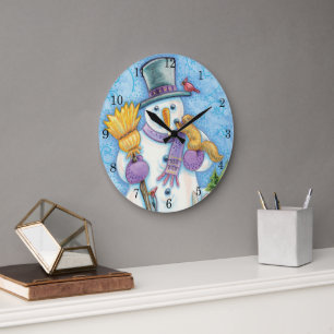 Grande Horloge Ronde Animaux mignons construisant un bonhomme de neige