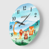 Grande Horloge Ronde Animaux mignons pour la nurserie, forêt verte et b (Angle)