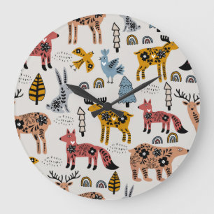 Grande Horloge Ronde Animaux scandinaves, floral, motif mignon.