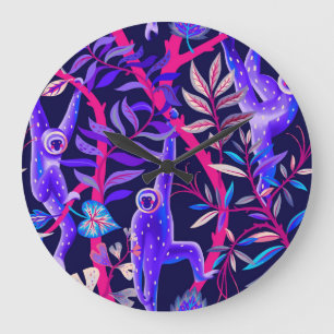 Grande Horloge Ronde Animaux tropicaux : motif de singes bleus.
