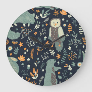 Grande Horloge Ronde Animaux vintages Texture florale sans fil