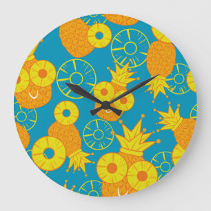 Grande Horloge Ronde Anneaux d'ananas : Caricature de Doodle Vintage.