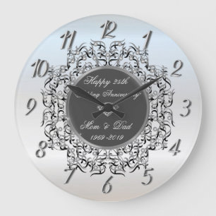 Grande Horloge Ronde Anniversaire de Chic Swirls Silver 50 Mariage