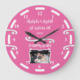 Grande Horloge Ronde Anniversaire de mariage Argent 25 ans ajoutez noms