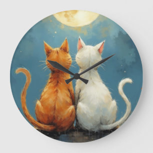 Grande Horloge Ronde Anniversaire Love Cats Under the Moon in Painterly
