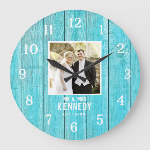 Grande Horloge Ronde Anniversaire photo Mariage personnalisé Bois bleu