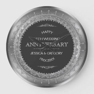 Grande Horloge Ronde Anniversaires de Silver & Black 25th Wedding