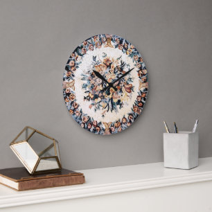 Grande Horloge Ronde Antique Romain Italien Élégant Mosaïque Florale Br