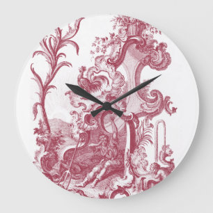 Grande Horloge Ronde Antiquité française élégante Red Toile de Jouy