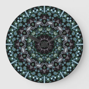 Grande Horloge Ronde Aqua, Black et Sage Boho Style Paisley