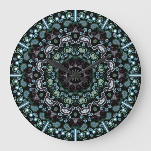 Grande Horloge Ronde Aqua, Black et Sage Boho Style Paisley (Recto)