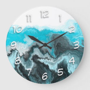 Grande Horloge Ronde Aqua Blue Grey et Black Waves Art moderne Abstrait