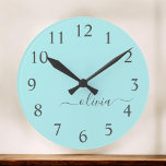 Grande Horloge Ronde Aqua Blue Turquoise Moderne Script Girl Monogramme<br><div class="desc">Aqua Blue Teal Simple Script Monogram Clock. This makes the perfect sweet 16 birthday,  wedding,  bridal shower,  anniversary,  baby shower or bachelorette party gift for someone that loves glam luxury and chic styles.</div>