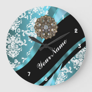 Grande Horloge Ronde Aqua & damas blanc avec gemme de faux cristal