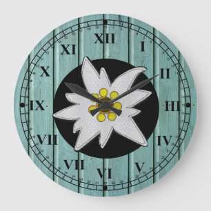 Grande Horloge Ronde Aqua Faux Wood & Edelweiss