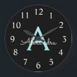Grande Horloge Ronde Aqua Teal Blue Script Girly Monogram<br><div class="desc">Aqua Teal Blue et Gold Simple Script Monogram Clock. This makes the perfect sweet 16 birthday,  wedding,  bridal shower,  anniversary,  baby shower or bachelorette party gift for someone that loves glam luxury and chic styles.</div>