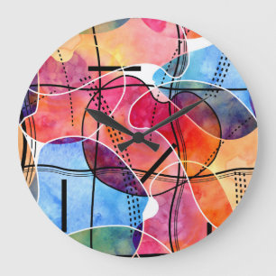 Grande Horloge Ronde Aquarelle Abstraite Motif noir blanc