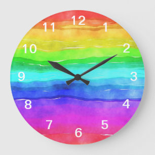 Grande Horloge Ronde Aquarelle Abstraite Peint Rayures arc-en-ciel