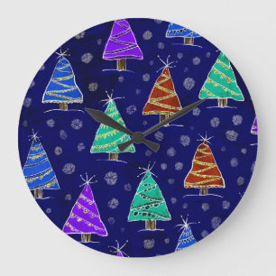 Grande Horloge Ronde Aquarelle Arbres de Noël : Motif forestier.