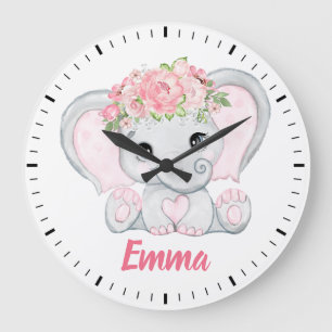Grande Horloge Ronde Aquarelle Bébé Eléphant rose Floral Girl Nursery
