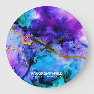 Grande Horloge Ronde Aquarelle bleu or