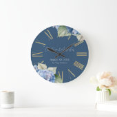 Grande Horloge Ronde Aquarelle bleu romantique Hydrangea Fleurs sur Mar (Maison)