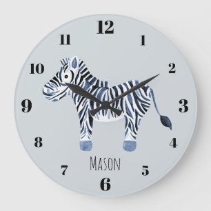Grande Horloge Ronde Aquarelle bleue du garçon Zebra Safari Nom de la n