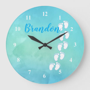 Grande Horloge Ronde Aquarelle bleue Empreinte Petit Pieds bébé Nom