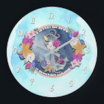 Grande Horloge Ronde Aquarelle bleue moderne nautique florale ancre<br><div class="desc">horloge personnalisée</div>