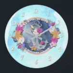 Grande Horloge Ronde Aquarelle bleue moderne nautique florale ancre<br><div class="desc">horloge personnalisée</div>