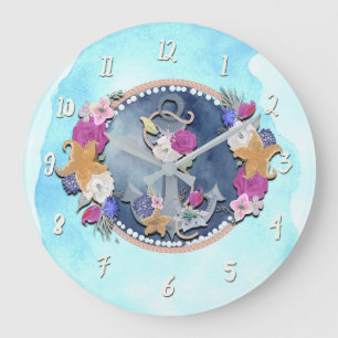 Grande Horloge Ronde Aquarelle bleue moderne nautique florale ancre